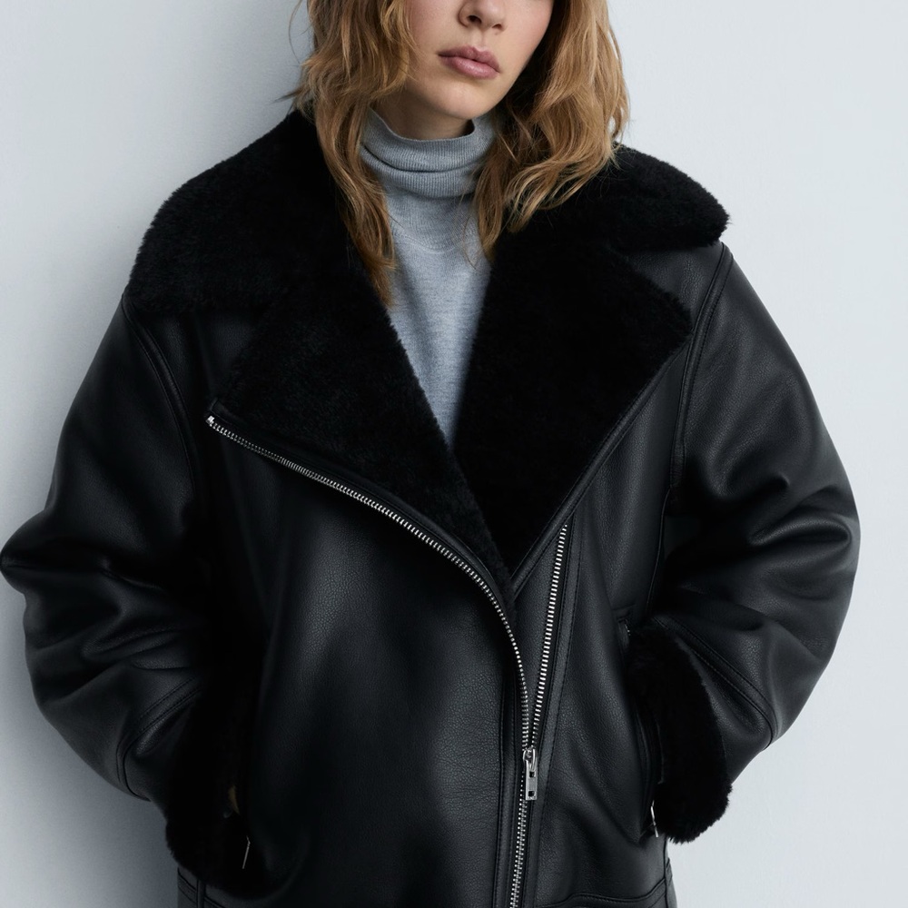 Mango Black Faux-Shearling Leather Jacket - Women